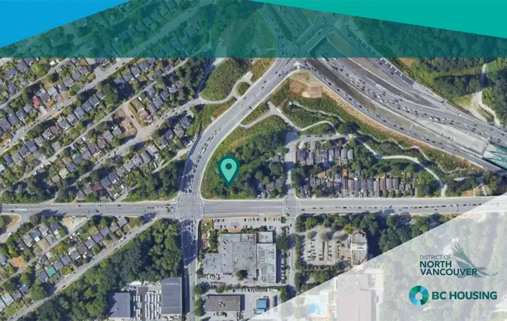 Overhead map view image. A green site marker to shows location in North Vancouver. 