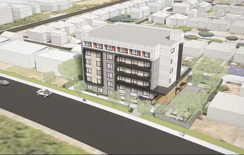 Aerial view drawing of an apartment building beside a street, with trees and houses around it.