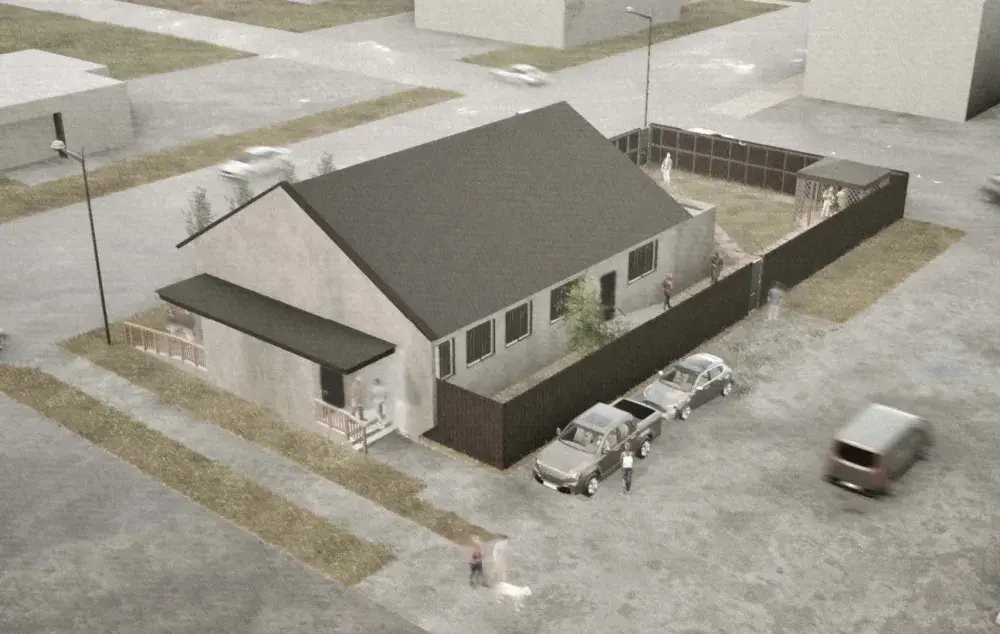 Aerial view of a small house with fenced yard, people walking nearby, and parked cars on a quiet suburban street.