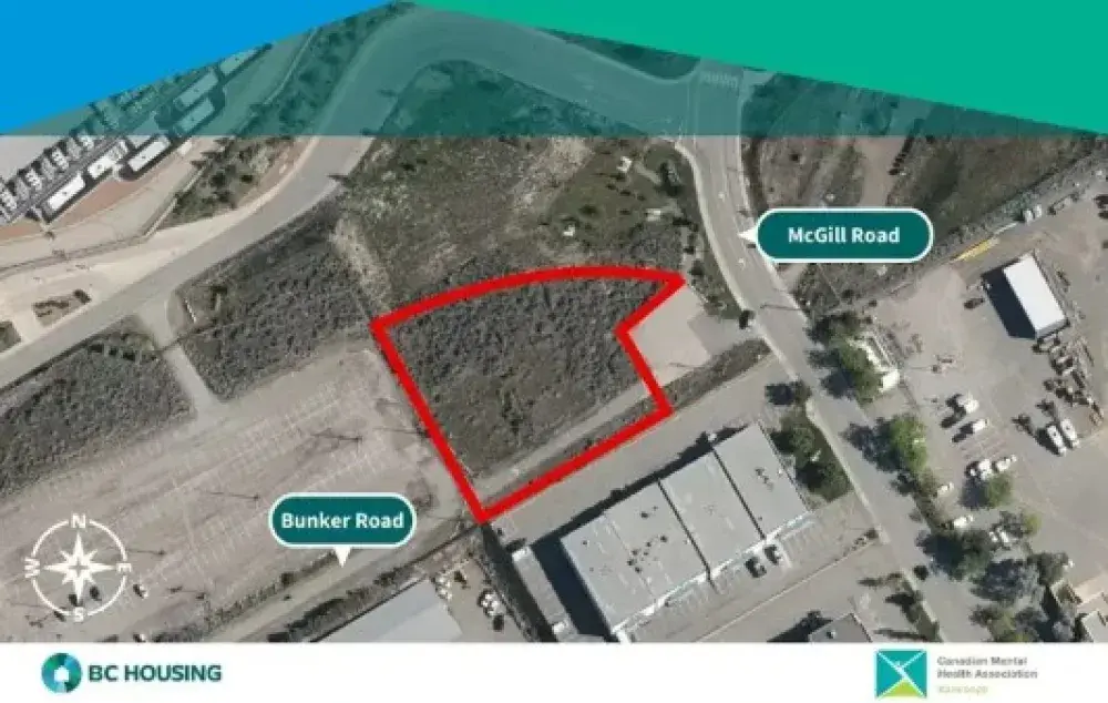 Aerial map of a property outlined in red near McGill Road and Bunker Road in Kamloops, showing the development site.