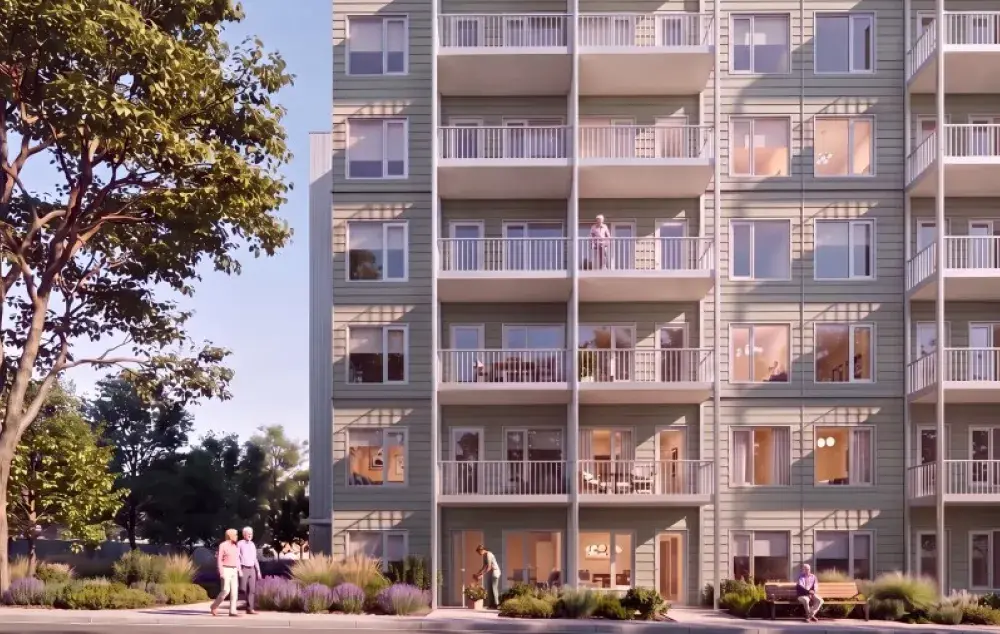 Drawing of a multi-storey apartment building with decks. Build in beige and white, with tall trees and blue sky in background. People out front.